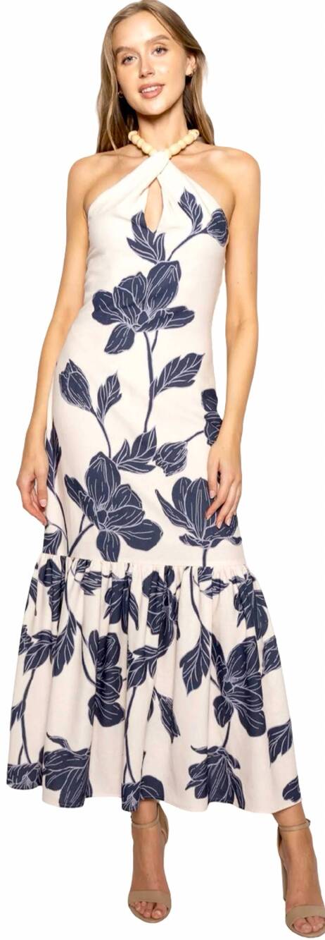 NEW FORE COLLECTION bella floral bead halter maxi dress in beige/navy